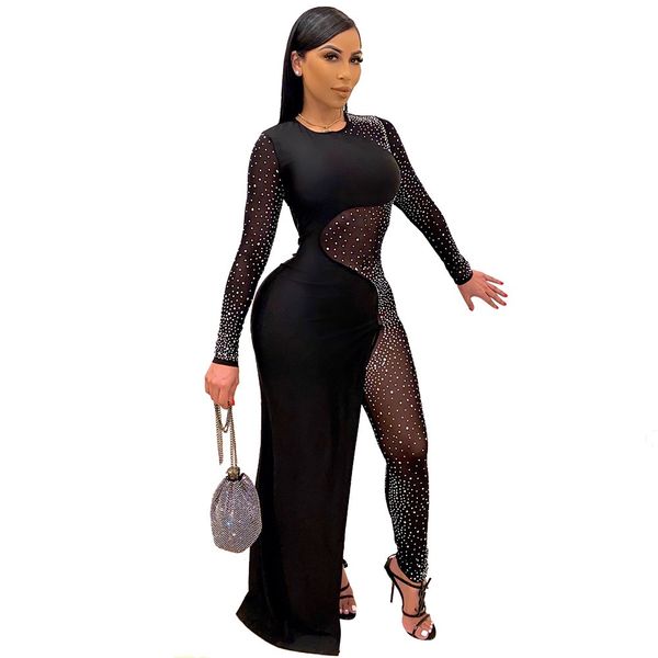 

rhinestone gauze jumpsuit, Black;white