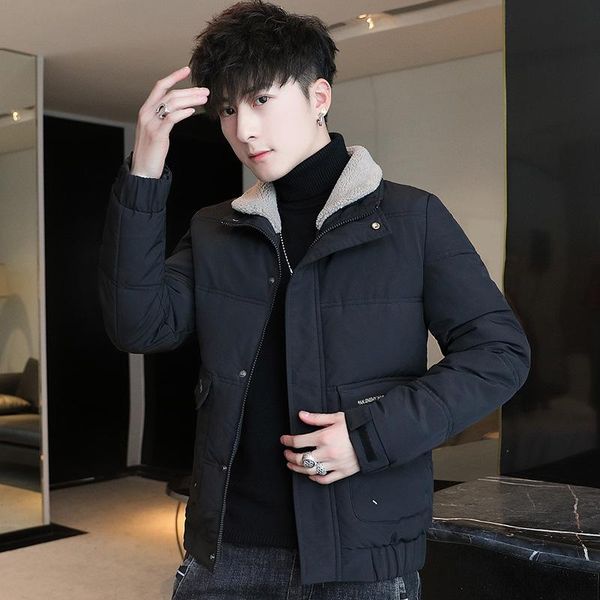 

boutique winter men's short cotton padded jacket korean version slim lapel casual cotton padded jacket for men, Black