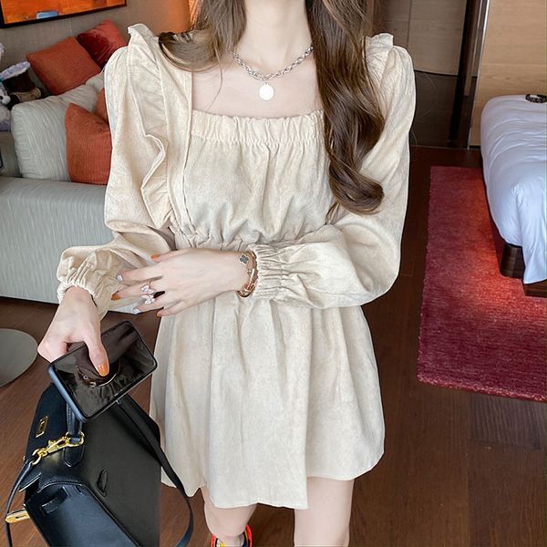 

fall 2020 new ruffle pleated short skirt with waistline showing thin long sleeve square neck dress for women