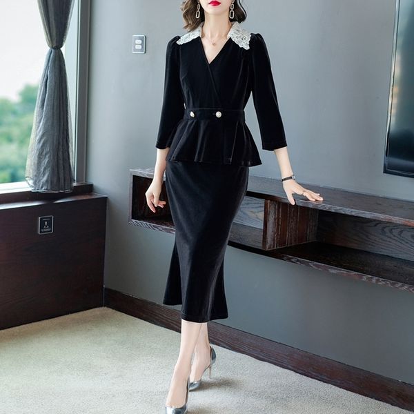

velvet fishtail dress autumn 2020 new female three quarter midi length v neck two-piece plus size set dress women, White;black