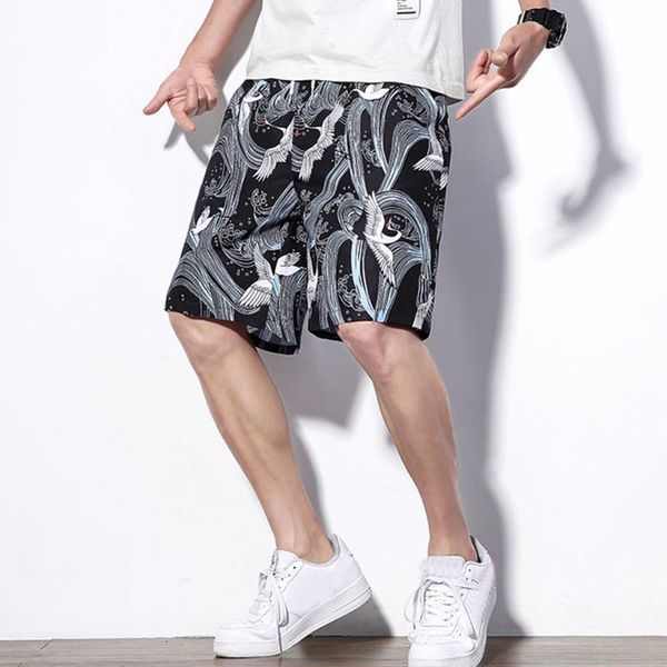 

fashion plus size men loose print drawstrings straight shorts knee length joggers male summer casual beach streetwear trouser 3#, White;black