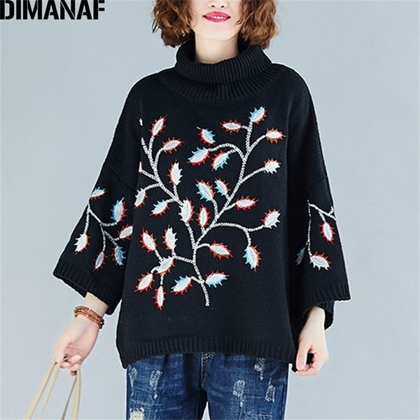 

dimanaf plus size women sweater pullovers knitting turtleneck fashion embroidery flowers loose casual female lady clothes 201225, White;black