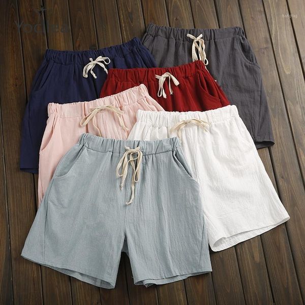 

summer shorts women cotton linen shorts trousers feminino women's elastic wasit home loose casual plus size with pocket1, White;black