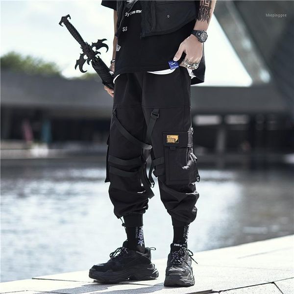 

men's pants 2021 hip jogger streetwear cargo pockets swag ribbon harajuku men hiphop trousers joggers ankle length1, Black