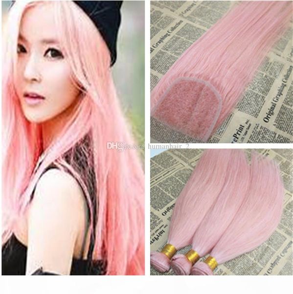 

8а grade розовый человеческих волос straight lace closure с узелками rose pink волос 3 связки с отбеленные узлы шнурок закрытие 4шт лот, Black;brown