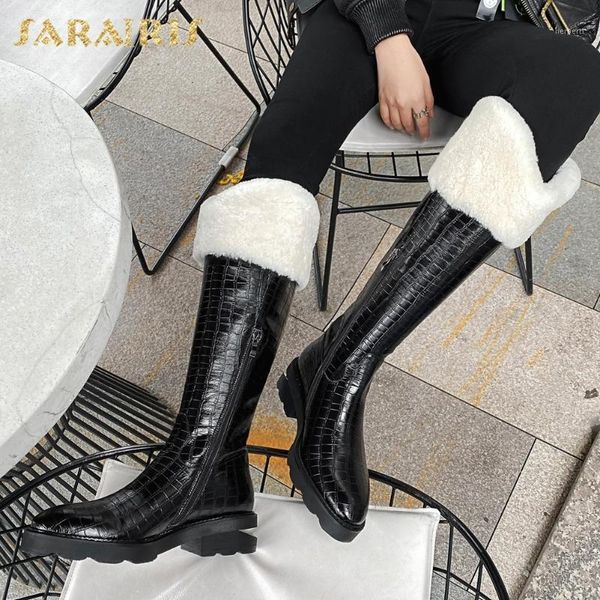 

boots sarairis 2021 brand snow winter warm ladies shoes genuine cow leather low heel knee high boot women shoes1, Black