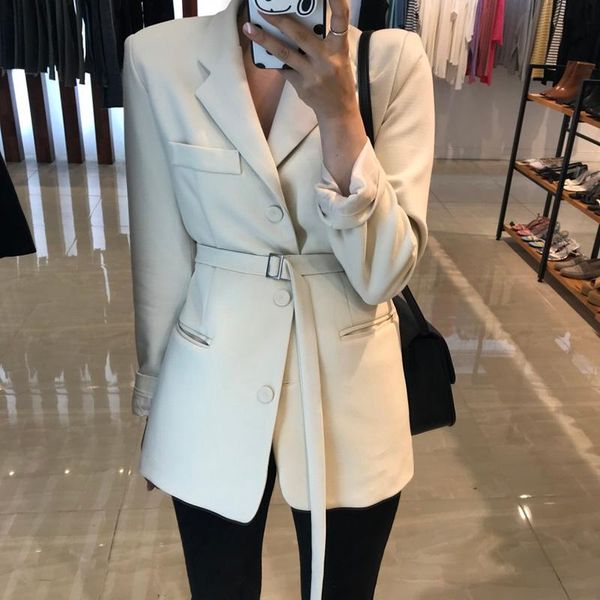 

women's suits & blazers spring and autumn high end models loose wind chic long section tie waist solid color small suit female jacket, White;black