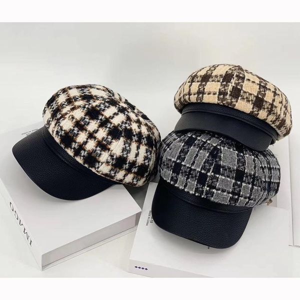 

202012-shi9145 new autumn spring classic plaid pu brim fashion leisure lady octagonal hat men women visors cap, Blue;gray