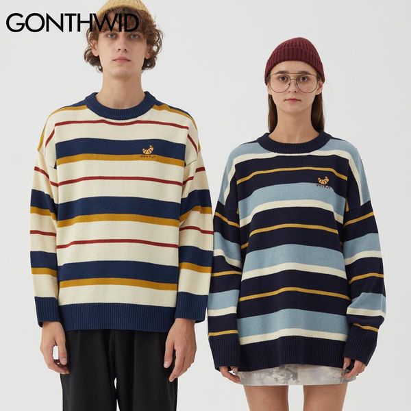 

gonthwid knitted stripes embroidery jumper sweaters streetwear mens hip hop harajuku fashion casual pullover knitwear women bbytkz, White;black