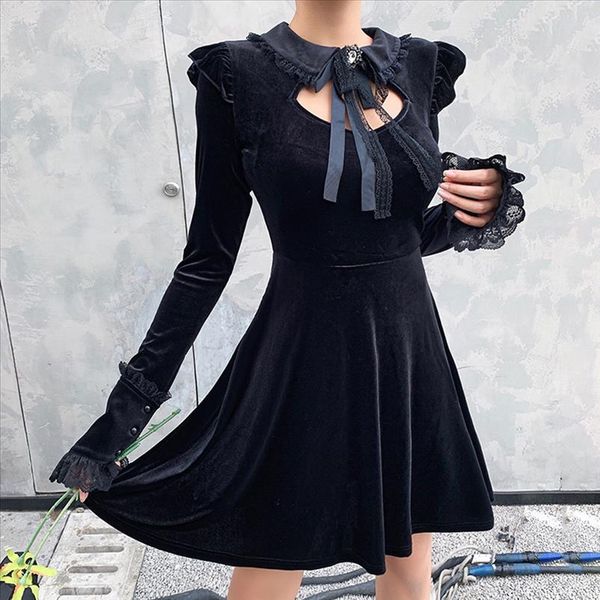 

vintage black women velet dress gothic placed elegant hollow out dress lace patchwork mini female party women j30, Black;gray
