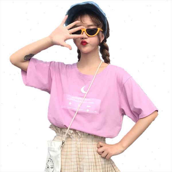 

sweet girl short sleeve t shirt fresh feeling cute moon music player print girls casual loose women tee, White