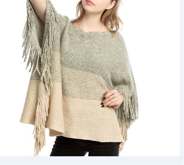 

new autumn winter women sweaters european and american female shawls striped patchwork color gold silk shawls warm tassel cloak ly1223a, White