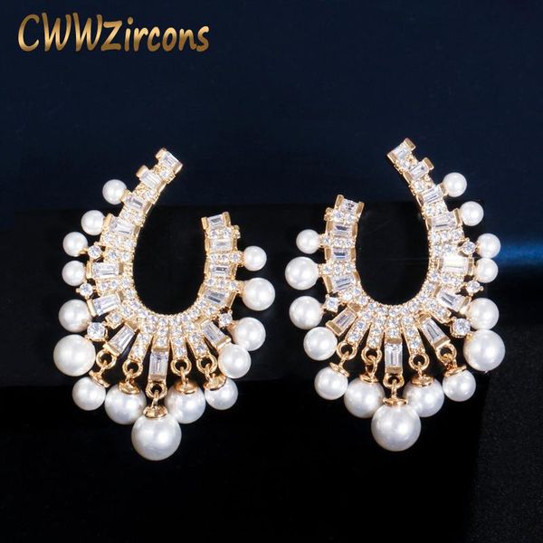 

cwwzircons 585 gold color big dangling drop pearl cubic zirconia earrings for women fashion engagement party jewelry gift cz693, Silver
