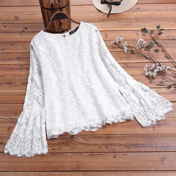 

5xl zanzea spring blusas fashion lace crochet blouse solid party shirt women long flare sleeve work tunic female chemise1, White