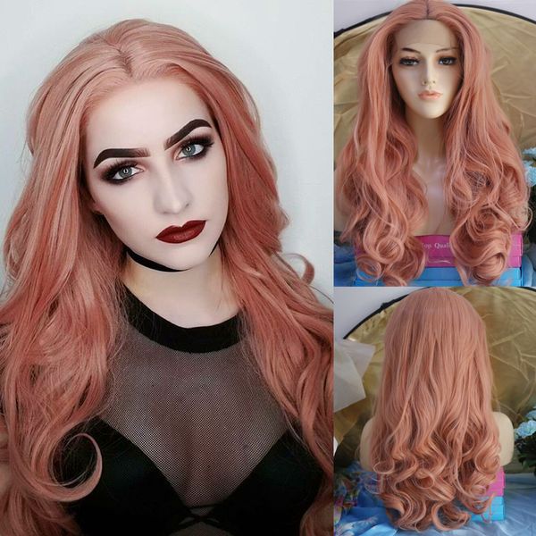 

charisma synthetic lace front wig long body wave glueless high temperature fiber hair pink wigs for black women, Black;brown