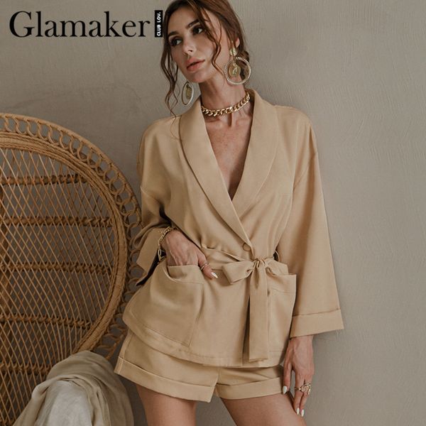 

glamaker sleeveless 2 piece suit set women v neck elastic waist female office ladies set summer shorts co ord set outfits q1219, Black;white