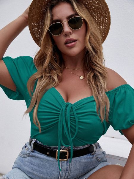 

plus off-the-shoulder drawstring front tee q9yh#, Black