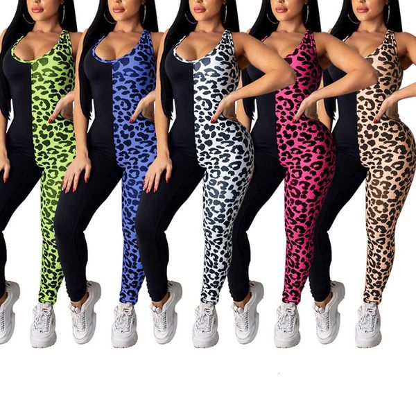 

arrival women color block jumpsuit sleeveless u-shaped neck leopard printed romper cross back sports clothes outfits, White;black