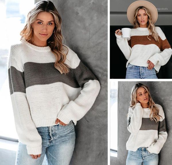 

2020 new plus size women round neck striped loose knit sweater, White;black