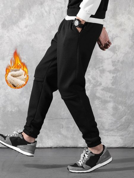 

men slogan patched detail thermal drawstring waist pants 6162#, Black