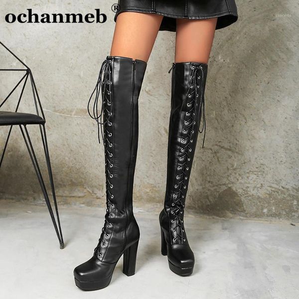 

ochanmeb brand designer shoes thigh high boots women square toe platform high heels over the knee boots celebrity runway shoe 481, Black