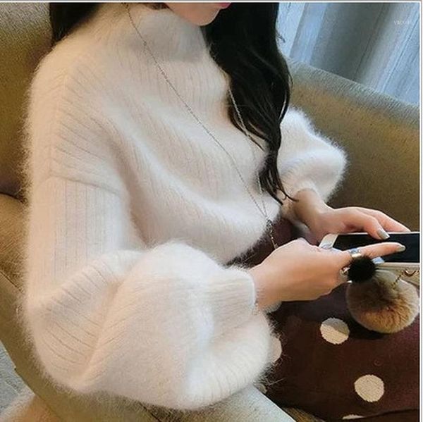 

pullover sweater ladies 2021 solid color high neck lantern sleeve fashion mohair knitted casual loose sweater1, White;black