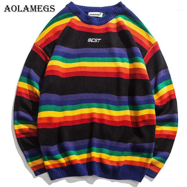 

sweater men rainbow striped hit color mens pullover loose high street sweaters fashion knitted male sweater streetwear1, White;black