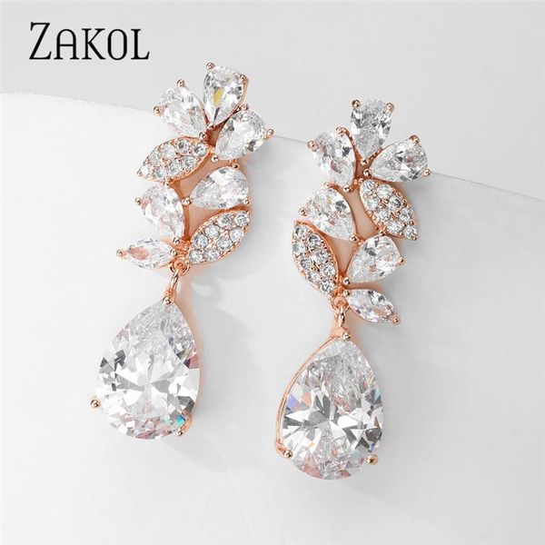 

zakol new luxury long earrings for women silver color + cubic zirconia drop dangle earrings wedding jewelry for brides