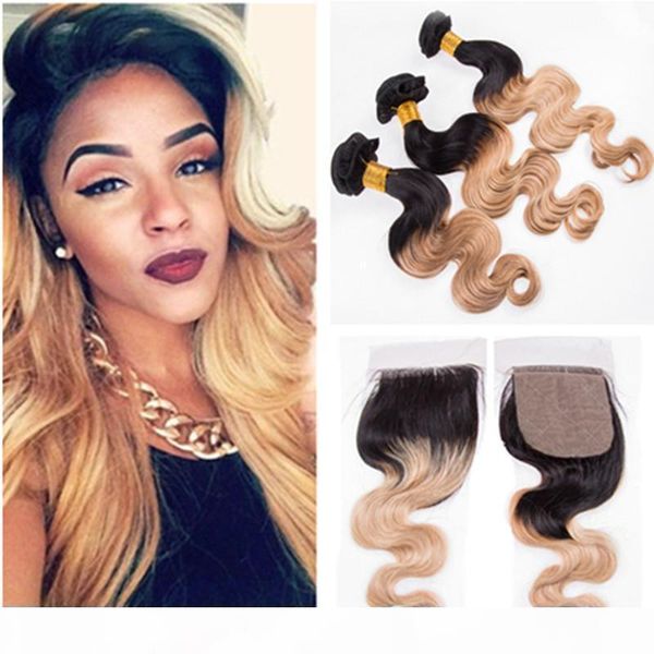 

body wave #1b 27 light brown ombre brazilian human hair 3bundles with 4x4 silk base lace closure black and honey blonde ombre weaves, Black;brown