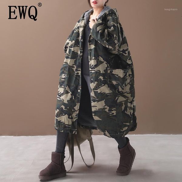 

ewq] 2019 autumn winter new pattern hooded collar camouflage print patchwork single breasted vintage cotton padded 19c-a93-06-01, Black