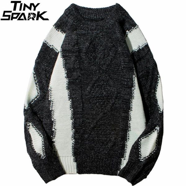 

hip hop streetwear men knitted sweater color block patchwork harajuku sweater retro vintage pullover 2020 winter casual, White;black