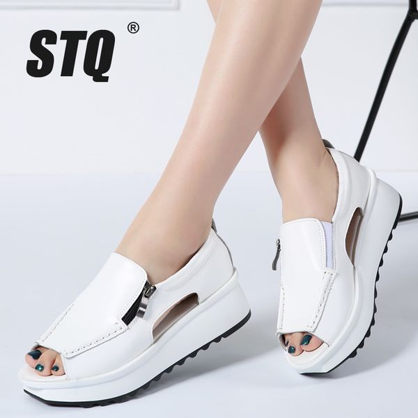 

stq 2020 summer women sandals wedges sandals ladies open toe round toe zipper black silver white platform sandals shoes 8332
