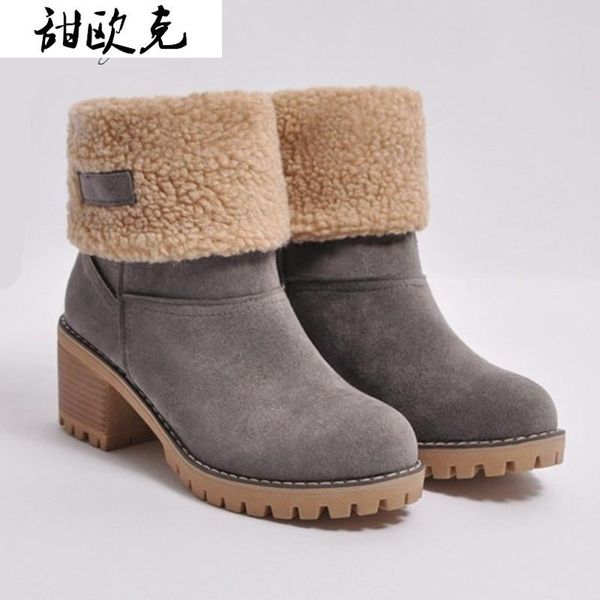 

2020 women's shoes women's fashion flanging mid heel boots round head square heel women thick warm ankle boots zapatos de mujer, Black