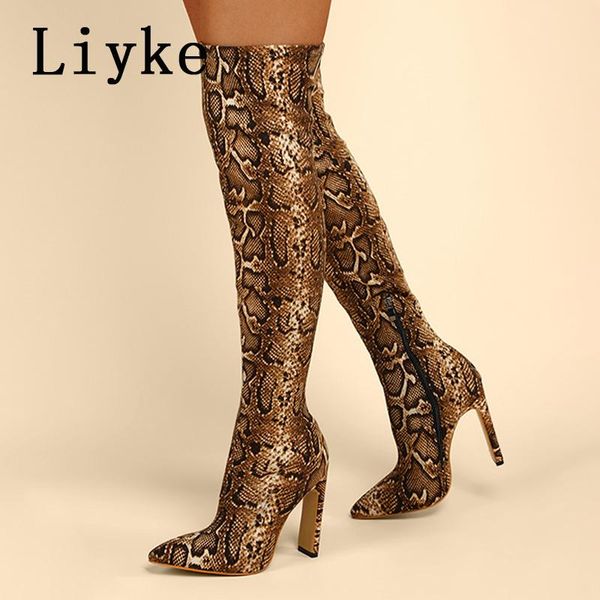 

boots liyke 11cm high heels over the knee women fashion pointed toe zip snake print faux suede stripper long shoes size 42, Black