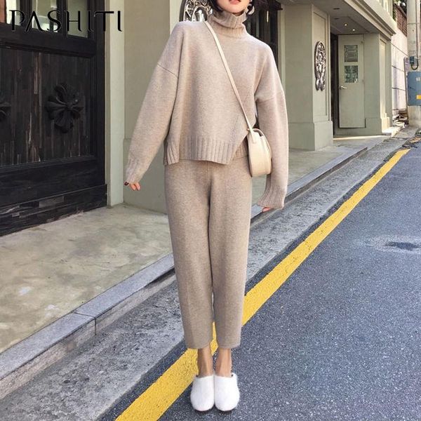 

women's tracksuits sweater set women winter knitted pullover suits 2 piece solid color turtleneck warm + loose trousers suit y215, Gray