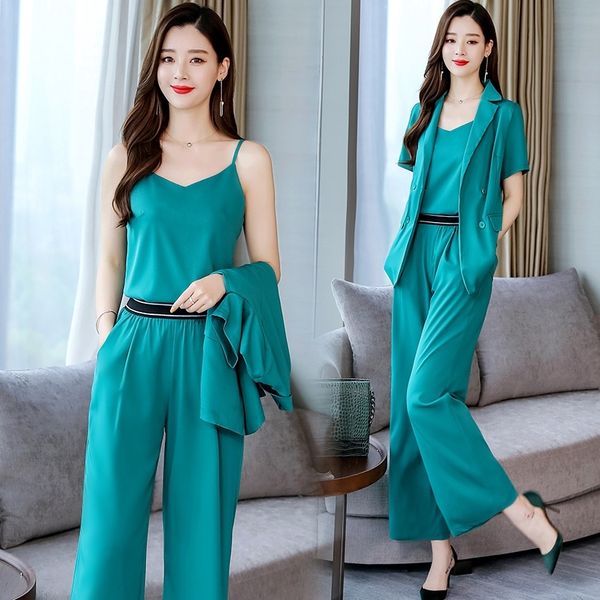 

k9prs 2020 брюки springsummer талии ноги и осенние брюки шеи расслаблены широкий comfortablesimpleversatileshort рукав suitthree кусок широк, Gray