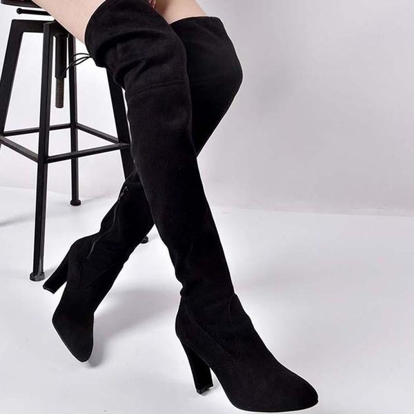 

sock boots pointy toe over-the-knee heel thigh high pointed toe woman boot shoe stretch fabric 2020 fashion winter, Black
