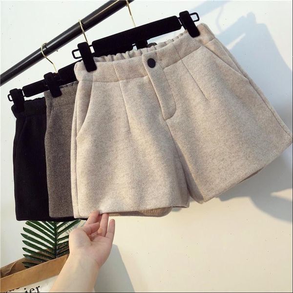 

winter women casual thick wool shorts outerwear high waist short wide leg short pants female warm loose shorts pockets, White;black