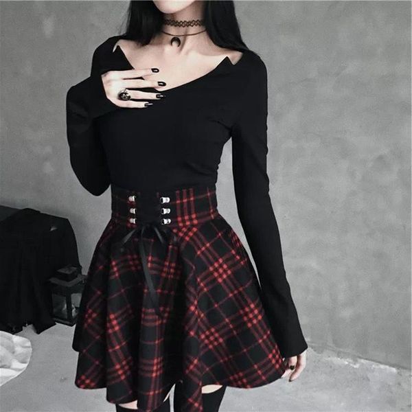

gothic plaid mini skirts women vintage lace up high waist draped a-line pleated skirts casual plus size women's cloth 5 colour c1111, Black