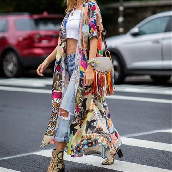 

bohemian printed half sleeve summer beach wear long kimono cardigan cotton tunic women blouse shirt sarong plage #b30 y200828, White