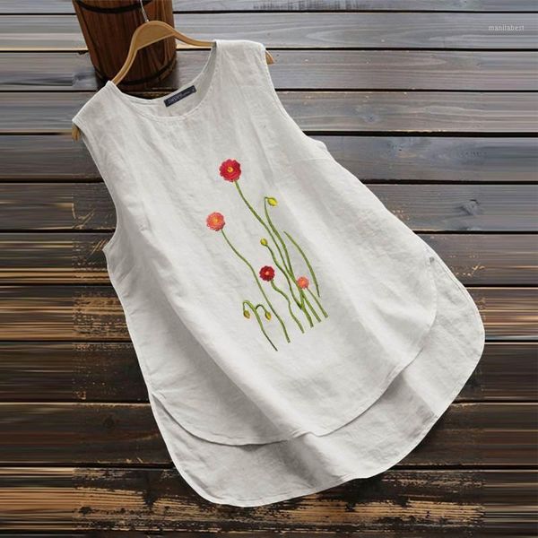 

zanzea summer women tanks female vintage floral sleeveless blouse o neck cotton linen shirt loose vests blusas tunic 1, White