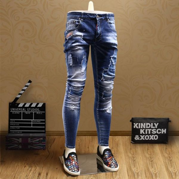 

fashion destroy patchwork jeans men cotton slim fit stretch denim pants, Blue