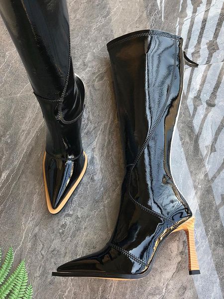

fashion woman wooden grain strange heels black red grey leather knee boots pointed toe runway boots woman back stripe zip boot