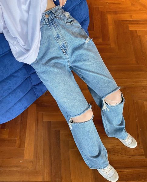 

women jeans for women fashion 2021 straight loose boyfriend chic high waist casual holes jean female denim wide leg pants wj222, Blue