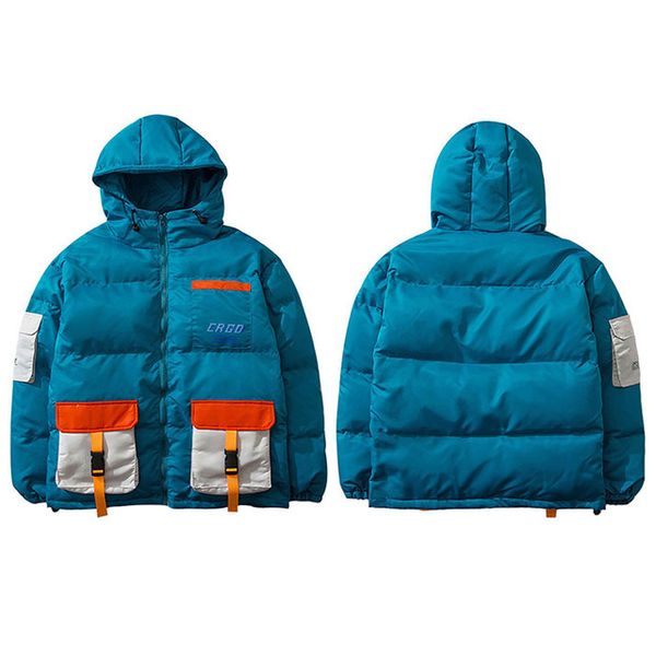 

men hip hop hooded jacket parka streetwear patchwork pockets padded parka windbreaker winter warm outwear, Black;brown