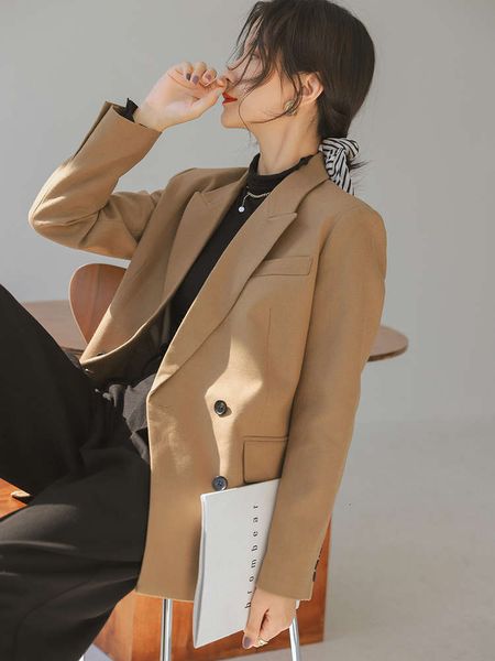 

khaki tweed et women's dign sense small group double breasted versatile casual loose high-grade blazer in autumn and winter, White;black