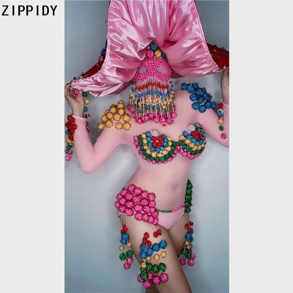 

transparent multi-color hairball fringe pink bodysuit headdress women dance show outfit bar prom catwalk outfit1, Black;red