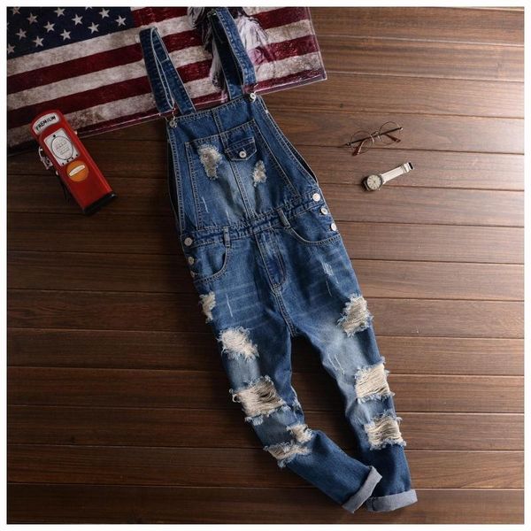 

big size men's jeans denim overalls fashion mens ripped denim jumpsuits jeans 2021 male skinny distressed bib overalls jean pant, Blue