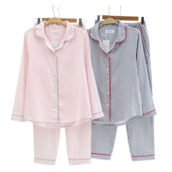 Neue Sexy Mode Gestreifte Pyjamas Sets Frauen Nachtwäsche 100% Gaze Baumwolle Japanische Plaid Langarm Homewear Frauen Pyjamas Y200708