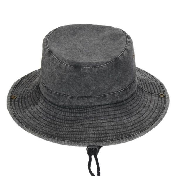 

vintage washed denim cotton boonie hat wide brim sunscreen breathable outdoor fishing bucket cap with chin strap, Blue;gray